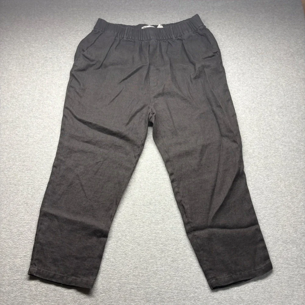 Zara Womens XL Charcoal Grey Linen Blend Elastic Waist Straight Leg Crop Pants